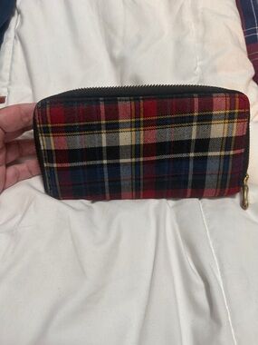 Plaid Zip-Around Wallet in Red Navy Tartan